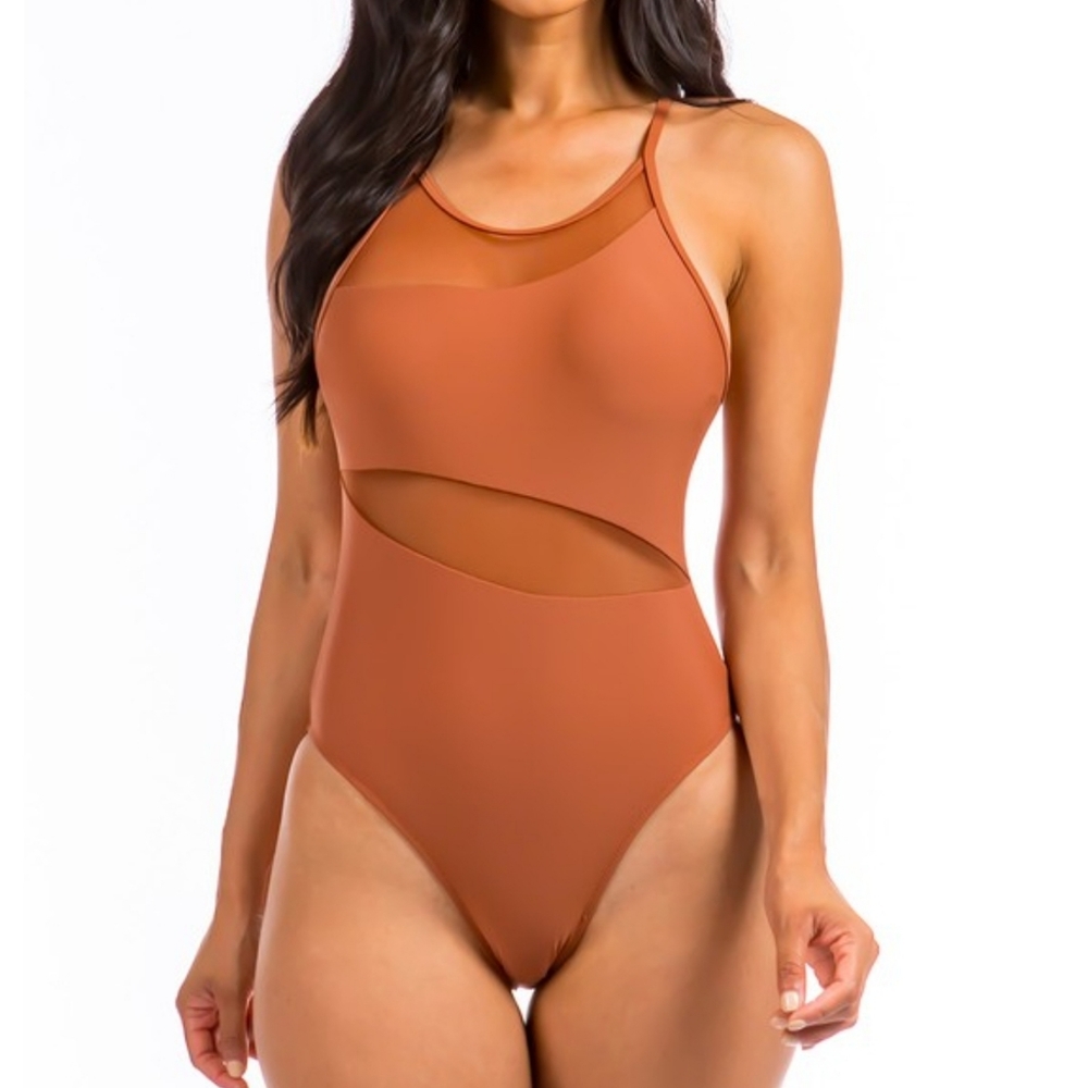 BROWN ONE PIECE MESH CUT OUT BATHING SUIT